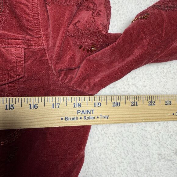 Chicos Red Velvet Jean Jacket Womens Size 1 (8/10) Embroidered Holiday Boho - Picture 7 of 8